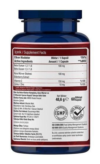 One Up Beta-Glukan Kompleks Aromasız Yetişkin Vitamin 60 Kapsül
