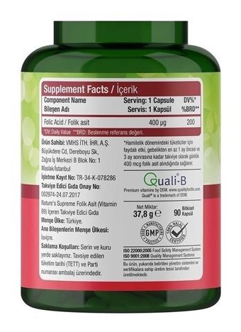 Nature'S Supreme Folic Acid Aromasız Yetişkin Vitamin 90 Kapsül