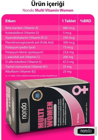 Nondo Multi Vitamin Women Aromasız Yetişkin Vitamin 30 Tablet