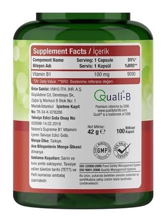 Nature'S Supreme Vitamin B1 Aromasız Yetişkin Vitamin 100 Kapsül
