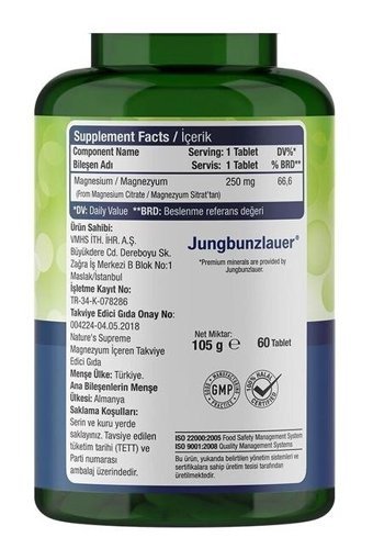 Nature'S Supreme Magnesium Citrate Aromasız Yetişkin Vitamin 60 Tablet