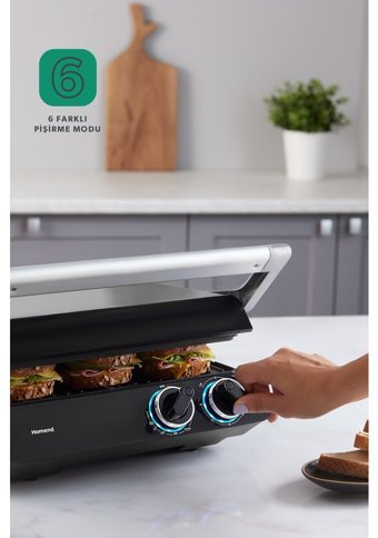 Homend Grilliant 1342H 6 Dilim Döküm Çıkartılabilir Plaka Çift Taraflı 2000 W Izgaralı inox Tost Makinesi