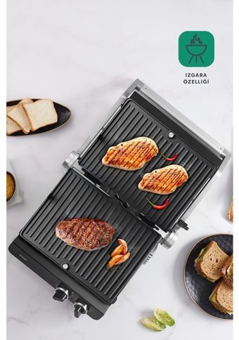 Homend Grilliant 1342H 6 Dilim Döküm Çıkartılabilir Plaka Çift Taraflı 2000 W Izgaralı inox Tost Makinesi