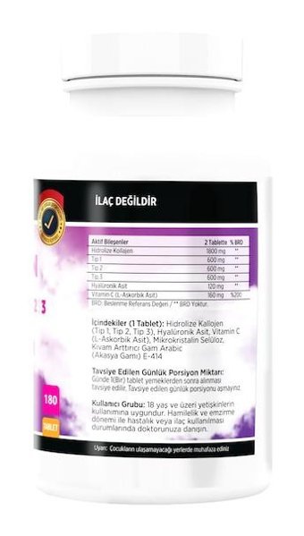 Collagen Tip 1-2-3 Hyalüronik Asit Aromasız Yetişkin Vitamin 180 Tablet
