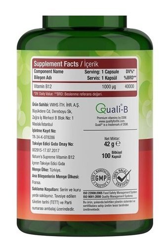 Nature'S Supreme Vitamin B12 Aromasız Yetişkin Vitamin 100 Kapsül