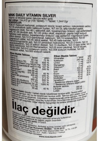 Mnk Günlük Multivitamin Aromasız Yetişkin Vitamin 100 Tablet