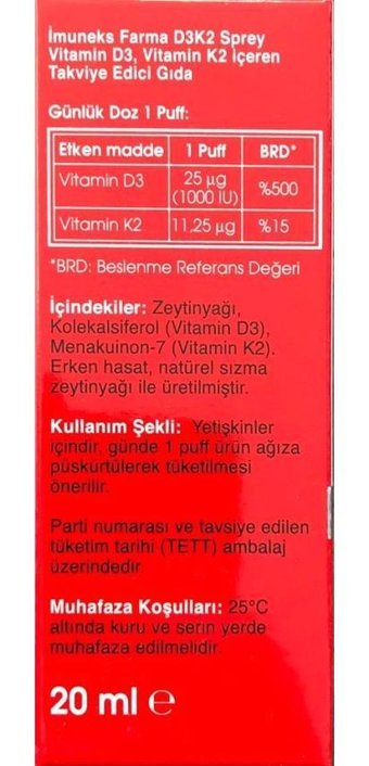 Imuneks D3K2 Aromasız Yetişkin Vitamin 20 ml