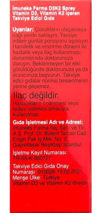 Imuneks D3K2 Aromasız Yetişkin Vitamin 20 ml