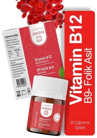 Erbatab Vitamin B12 Folik Asit B9 Aromasız Yetişkin Vitamin 30 Tablet