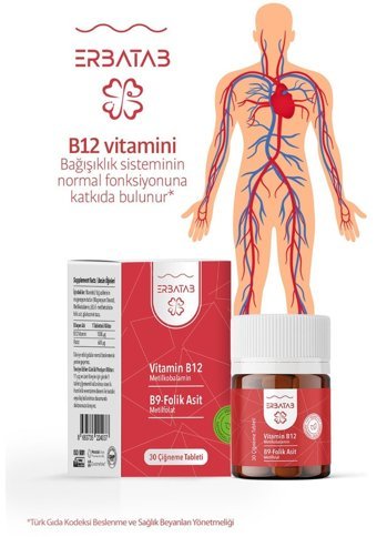 Erbatab Vitamin B12 Folik Asit B9 Aromasız Yetişkin Vitamin 30 Tablet