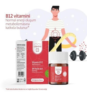 Erbatab Vitamin B12 Folik Asit B9 Aromasız Yetişkin Vitamin 30 Tablet