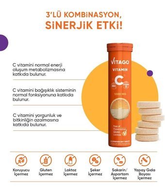 Vitago Vitamin C Vitamin D Çinko Portakallı Yetişkin Vitamin 20 Tablet