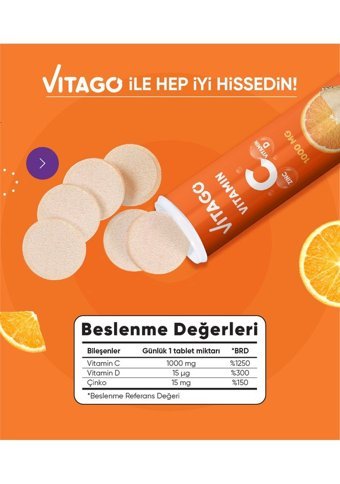 Vitago Vitamin C Vitamin D Çinko Portakallı Yetişkin Vitamin 20 Tablet