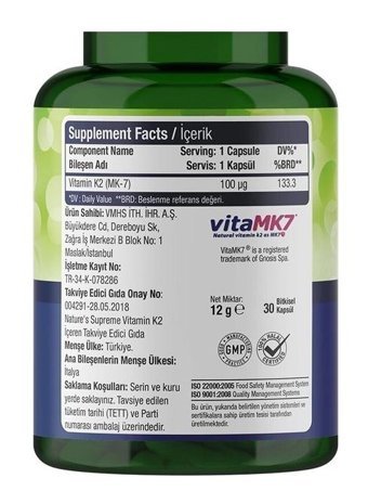 Nature'S Supreme Vitamin K2 Aromasız Yetişkin Vitamin 30 Kapsül