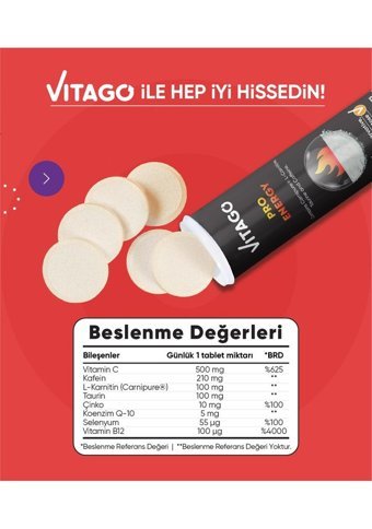 Vitago Pro Energy L-Karnitin Taurin Portakallı Yetişkin Vitamin 30 Kapsül