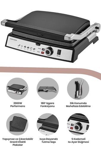 Goldmaster Gralux 6 Dilim Granit Çıkartılabilir Plaka Tek Yönlü 2000 W Izgaralı Siyah Tost Makinesi