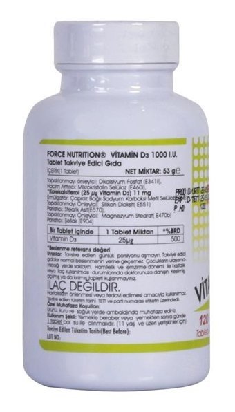 Force Nutrition Vitamin D Bitki Ekstralar Yetişkin Vitamin 120 Tablet