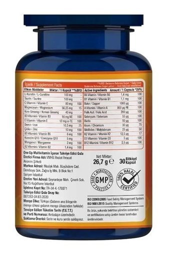 One Up Multivitamin Aromasız Yetişkin Vitamin 30 Kapsül