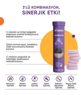 Vitago Sambucus Vitamin C Çinko Karamürverli Yetişkin Vitamin 20 Tablet