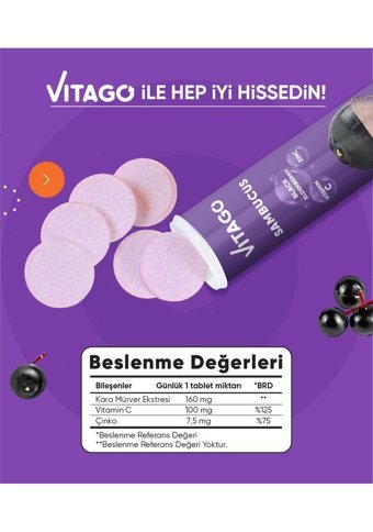 Vitago Sambucus Vitamin C Çinko Karamürverli Yetişkin Vitamin 20 Tablet