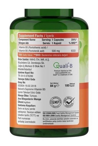 Nature'S Supreme Vitamin B5 Aromasız Yetişkin Vitamin 100 Kapsül