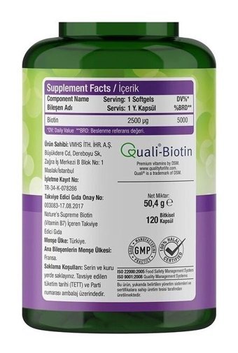 Nature'S Supreme Biotin Aromasız Yetişkin Vitamin 120 Kapsül