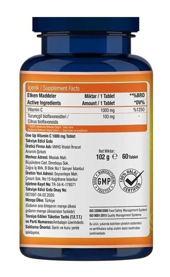 One Up C Vitamini Aromasız Yetişkin Vitamin 60 Tablet
