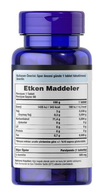 Puritan'S Pride L-Carnitine Aromasız Yetişkin Vitamin 60 Tablet