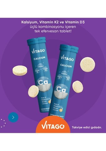 Vitago Kalsiyum Vitamin D3-K2 Limonlu Yetişkin Vitamin 20 Tablet