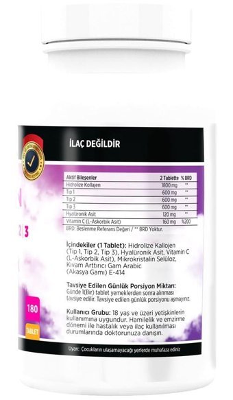 Ncs Kollajen Tip-1-2-3 Hyaluronic Asit Vitamin C Aromasız Yetişkin Vitamin 180 Tablet