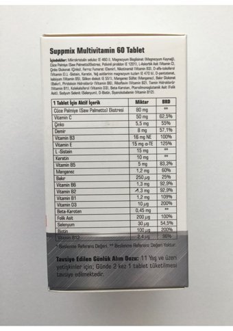 Suppmix Multivitamin Aromasız Yetişkin Vitamin 60 Tablet