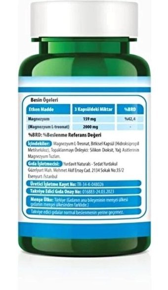 Yurdavit Magnesium L-Threonate Aromasız Yetişkin Vitamin 90 Kapsül