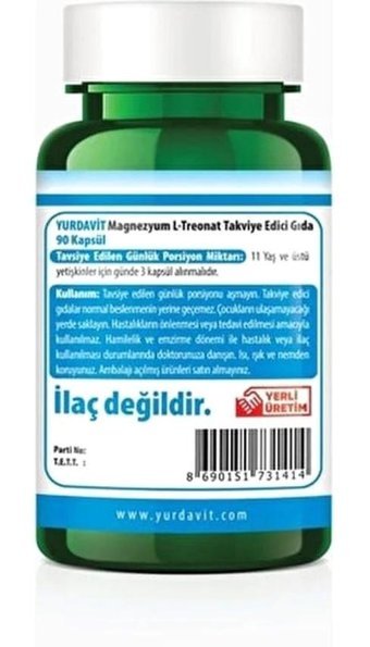 Yurdavit Magnesium L-Threonate Aromasız Yetişkin Vitamin 90 Kapsül