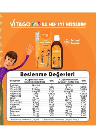 Vitago Kids L-Arjinin Multivitamin Multimineral Portakallı Yetişkin Vitamin 150 ml