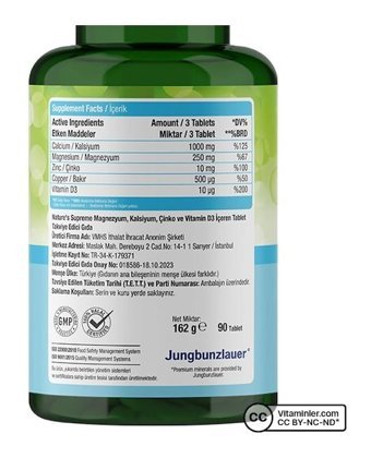 Nature'S Supreme Calcium Magnesium Zinc With D3 Aromasız Yetişkin Vitamin 90 Tablet