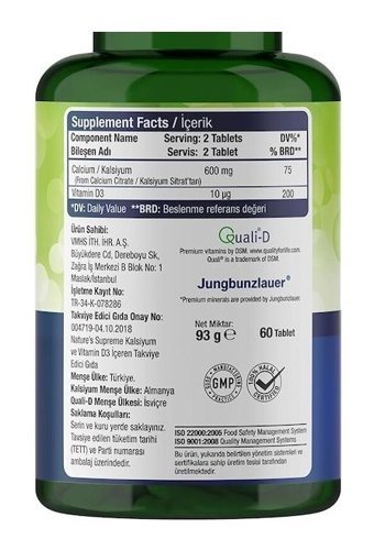 Nature'S Supreme Calcium With Vitamin D3 Aromasız Yetişkin Vitamin 60 Tablet