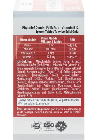 Phytodef Demir Folik Asit Vitamin B12 Vitamin C Ve D3 K2 Aromasız Yetişkin Vitamin 30 Tablet