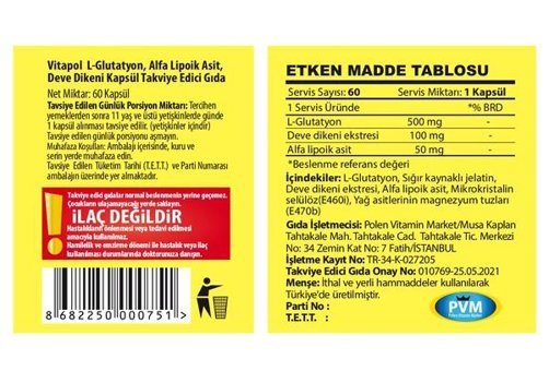Vitapol L-Glutatyon Alfa Lipoik Asit Milk Thistle Aromasız Yetişkin Vitamin 60 Kapsül