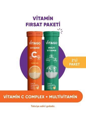 Vitago Vitamin C Vitamin D Çinko + Multivitamin Ginseng Portakallı Yetişkin Vitamin 20 Tablet