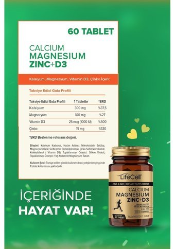 Lifecell Calcium Magnesium Zinc + D3 Aromasız Yetişkin Vitamin 60 Tablet