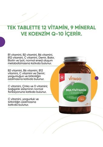 Vitago Multivitamin Koenzim Q-10 Aromasız Yetişkin Vitamin 60 Tablet