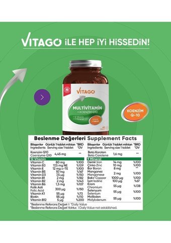 Vitago Multivitamin Koenzim Q-10 Aromasız Yetişkin Vitamin 60 Tablet