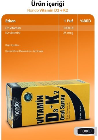 Nondo D3 K2 Aromasız Yetişkin Vitamin 20 ml
