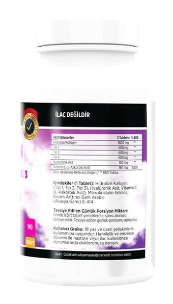Collagen Tip 1-2-3 Hyalüronik Asit Aromasız Yetişkin Vitamin 90 Tablet
