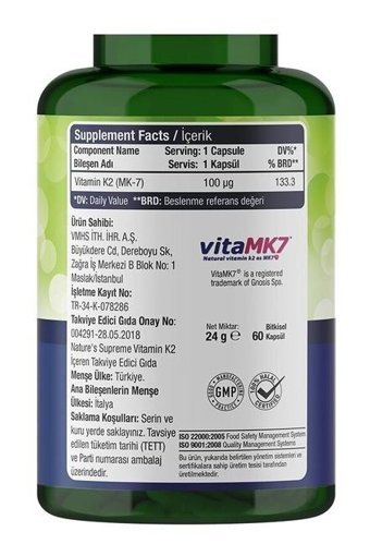 Nature'S Supreme Vitamin K2 Aromasız Yetişkin Vitamin 60 Kapsül
