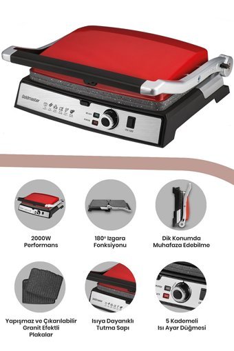 Goldmaster Gralux 6 Dilim Granit Çıkartılabilir Plaka Tek Yönlü 2000 W Izgaralı Kırmızı Tost Makinesi