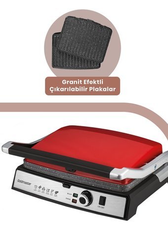 Goldmaster Gralux 6 Dilim Granit Çıkartılabilir Plaka Tek Yönlü 2000 W Izgaralı Kırmızı Tost Makinesi