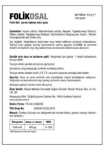Biosal Folik Asit Biosal Folikosal Aromasız Yetişkin Vitamin 120 Tablet