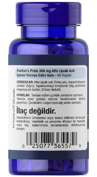 Puritan'S Pride Alpha Lipoic Acid Aromasız Yetişkin Vitamin 60 Kapsül