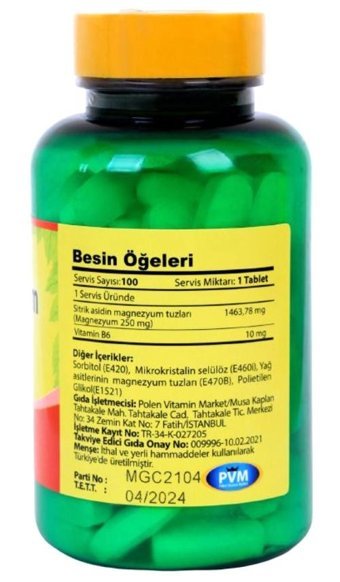 Vitapol Magnezyum Sitrat Vitamin B6 Aromasız Yetişkin Vitamin 100 Tablet